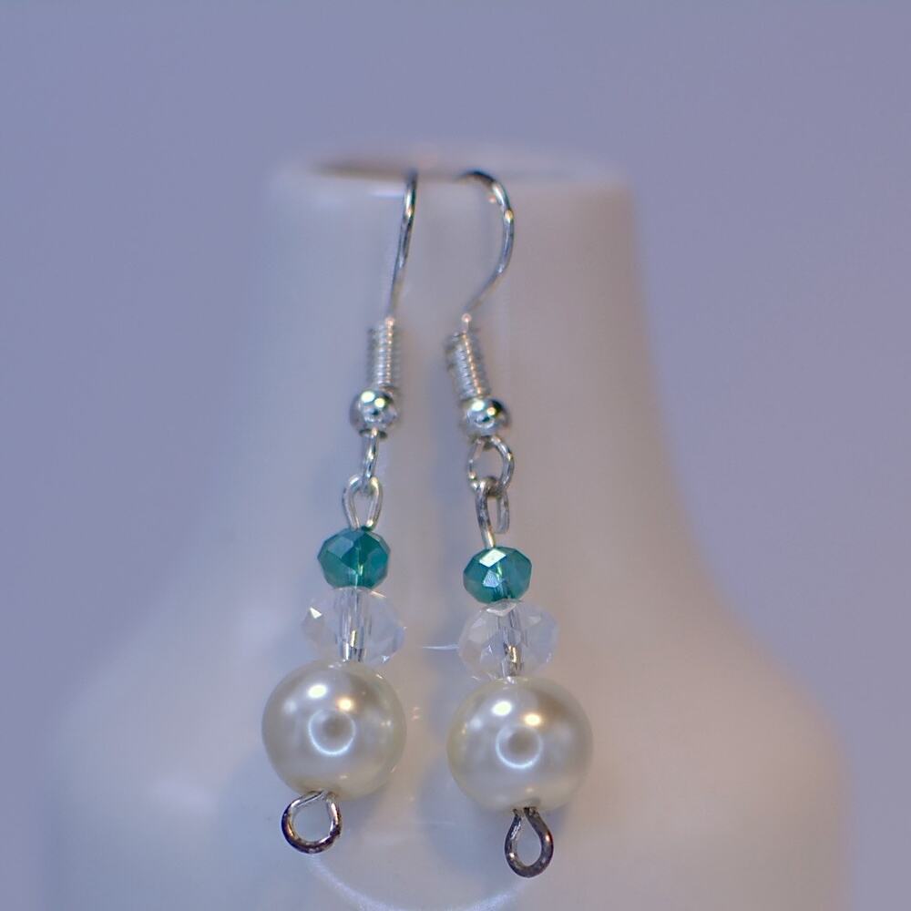 White and Teal Pearlescent Beaded Earrings